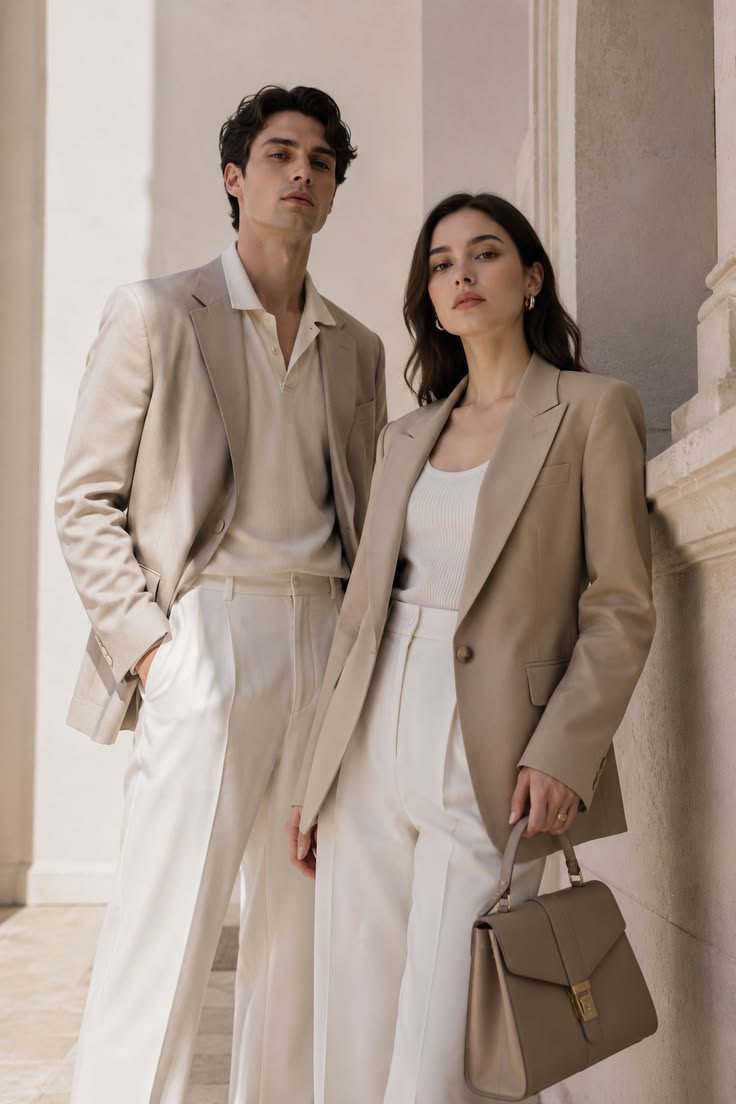 Man and woman in cream and beige tailored outfits